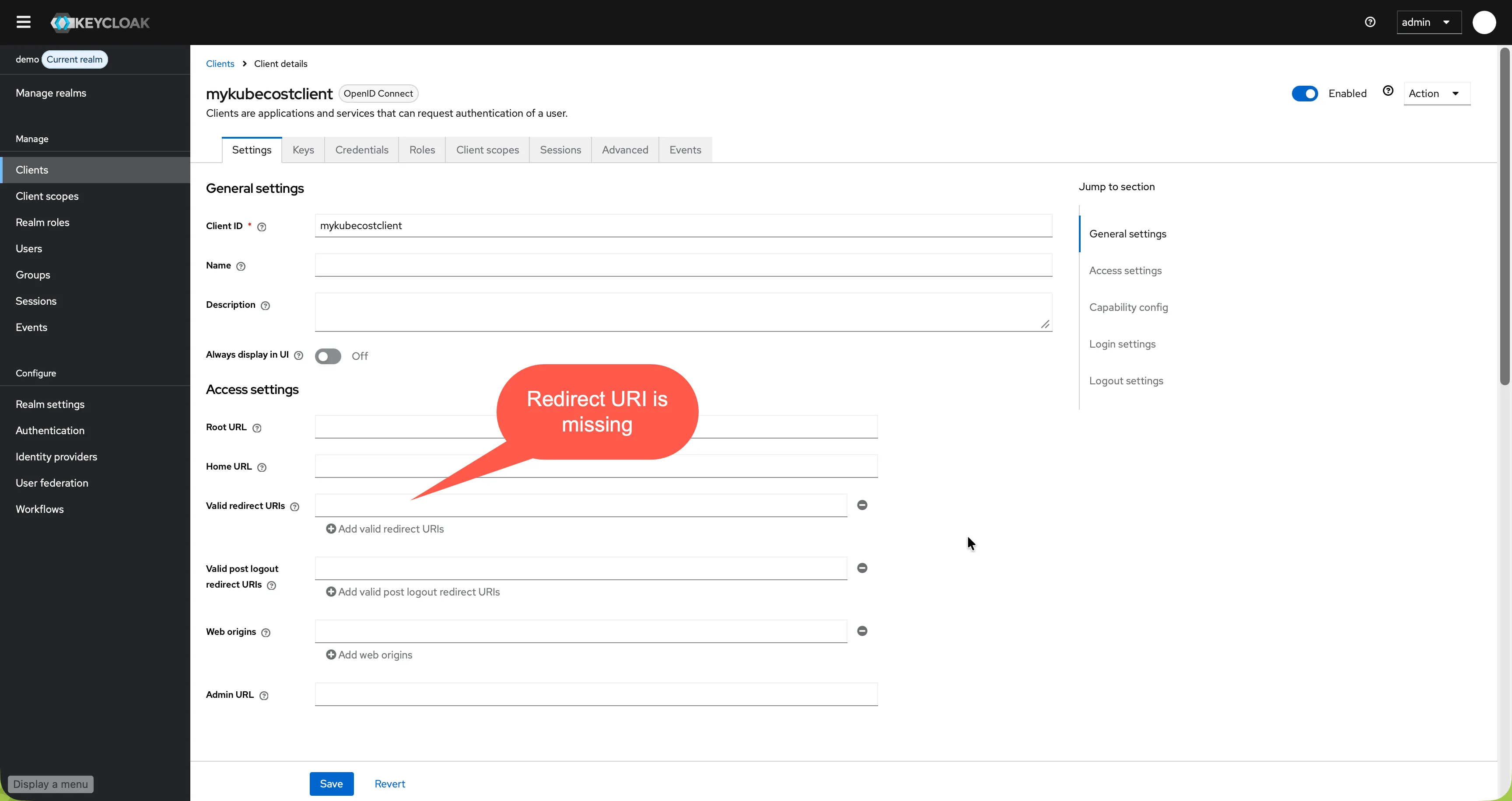 Keycloak requires valid redirect URIs