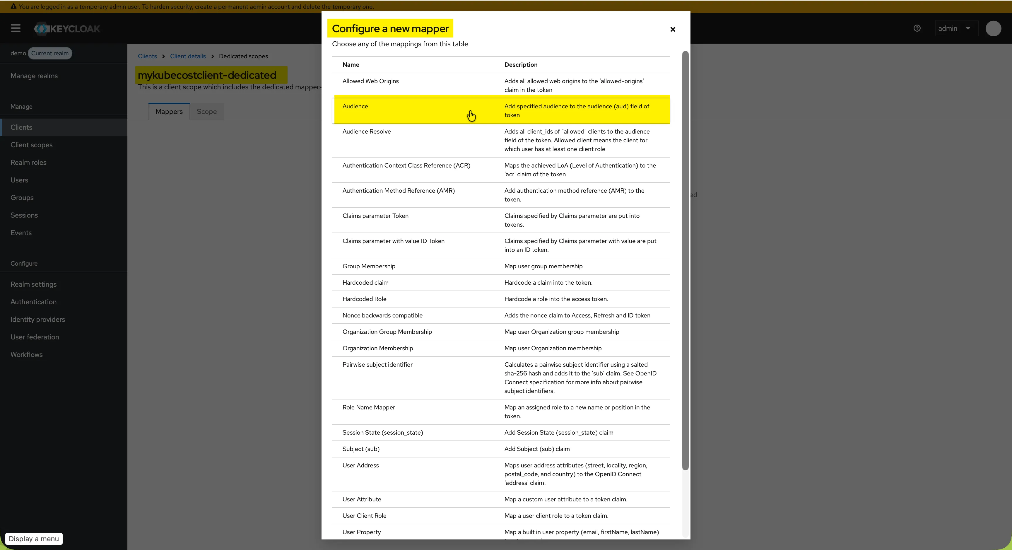 Keycloak mykubecostclient-dedicated configure a new mapper