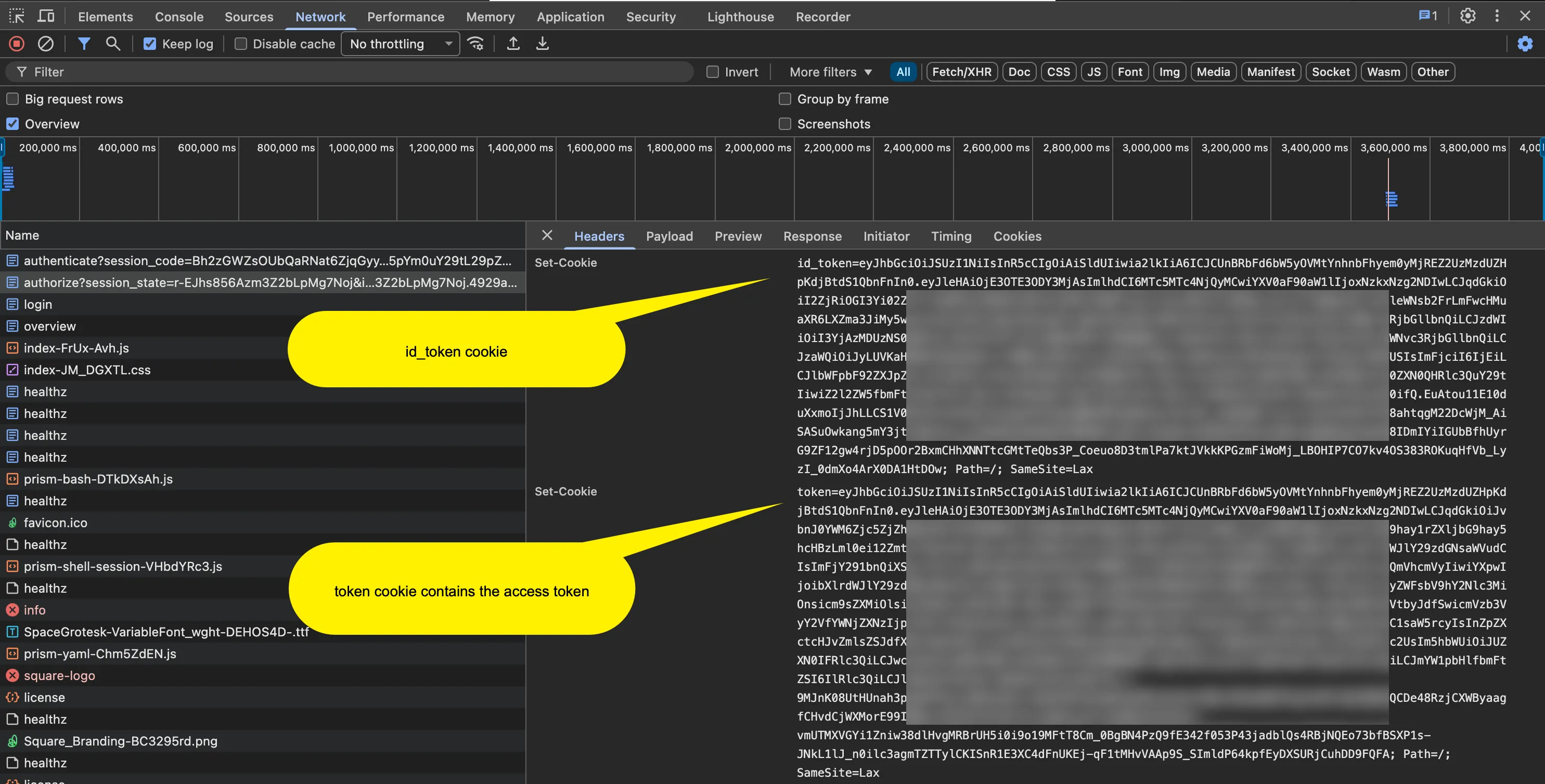 Browser DevTools Network panel — /oidc/authorize callback Response Headers showing Set-Cookie: id_token and Set-Cookie: token
