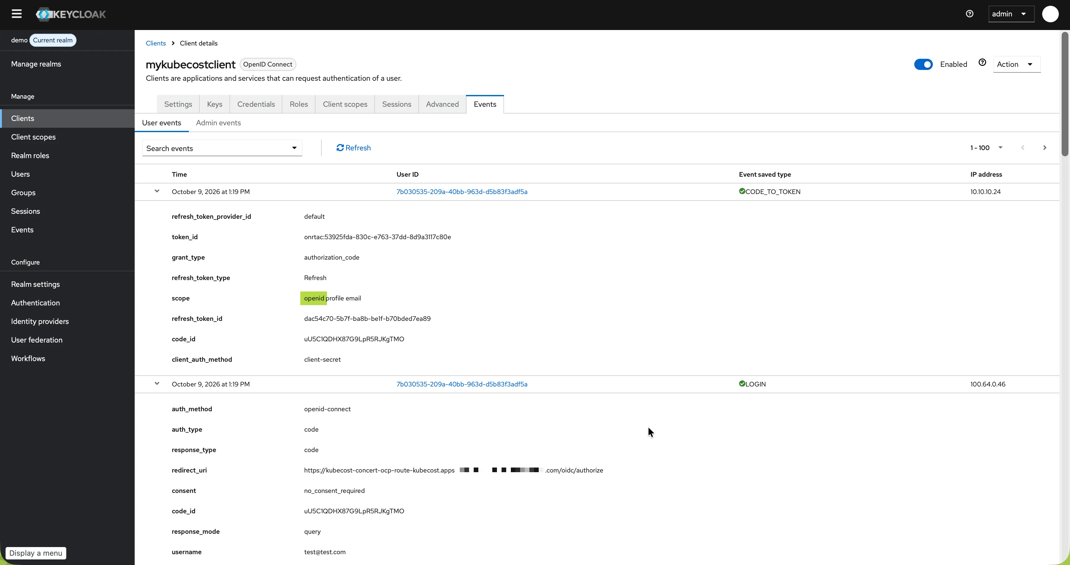 Keycloak Scope OpenID is now present