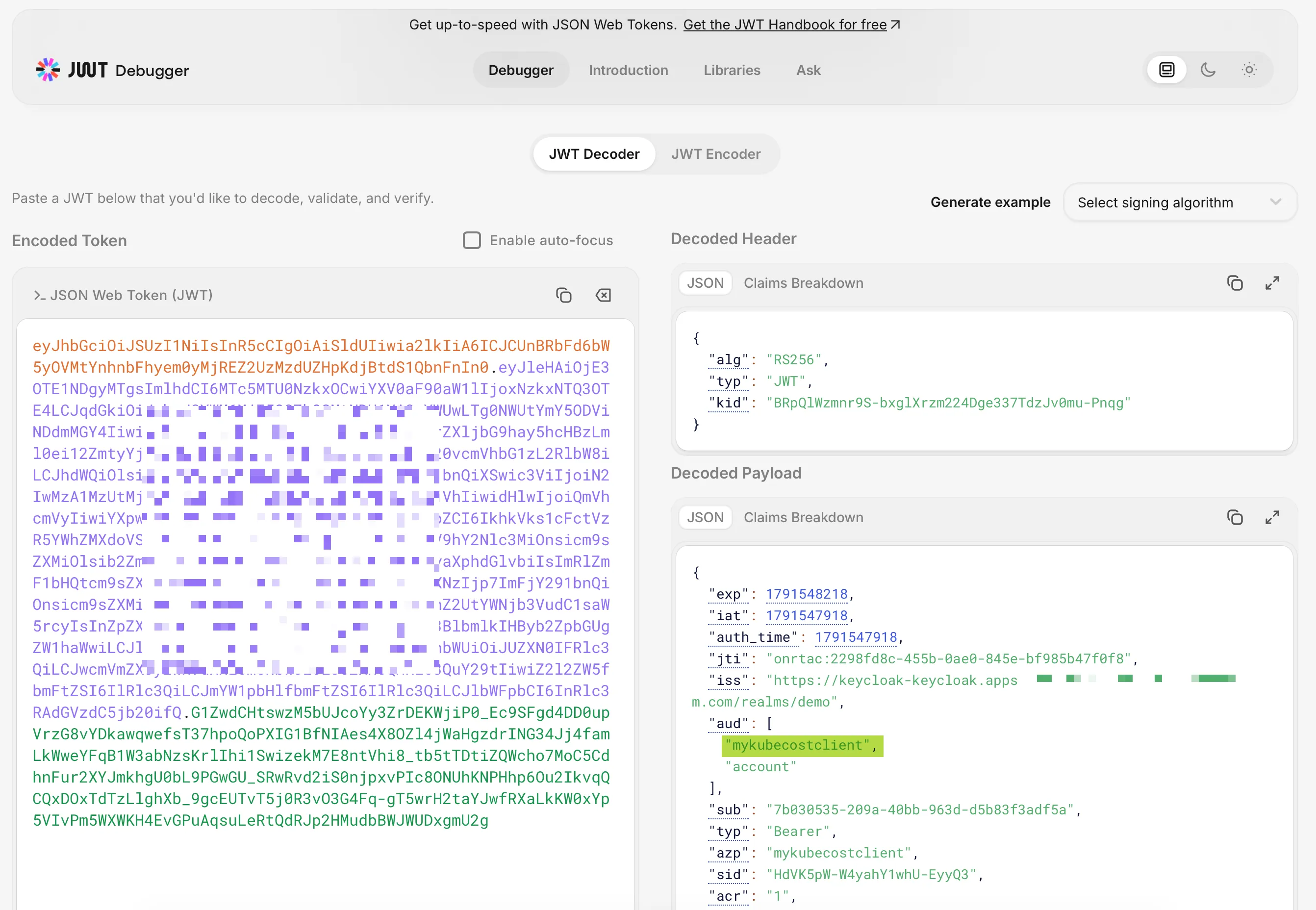 Access Token decoded on jwt.io after Audience Mapper — aud claim is “mykubecostclient”